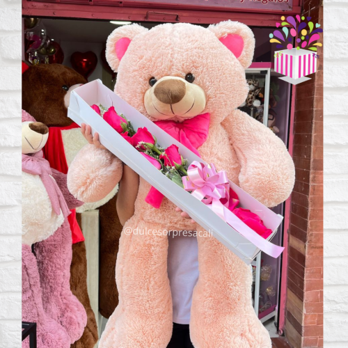 Oso rosa con caja en rosas - San valentin cali